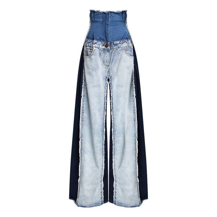 Levoire | Pantalon En Denim Patchwork Décontracté Taille Haute Couleur Tendance
