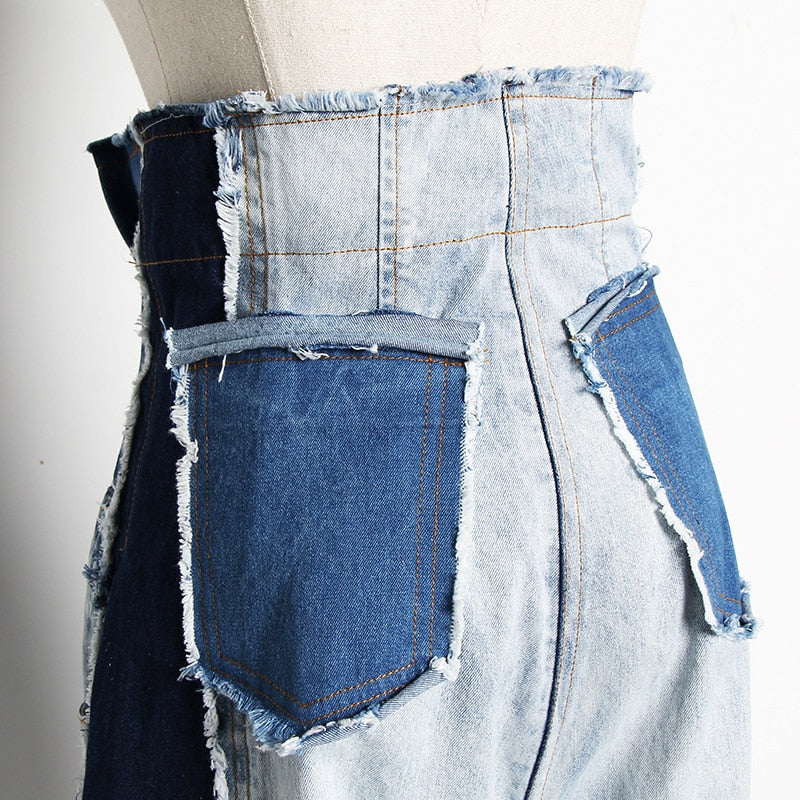 Levoire | Pantalon En Denim Patchwork Décontracté Taille Haute Couleur Tendance