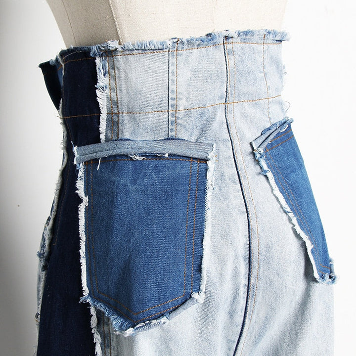 Levoire | Pantalon En Denim Patchwork Décontracté Taille Haute Couleur Tendance