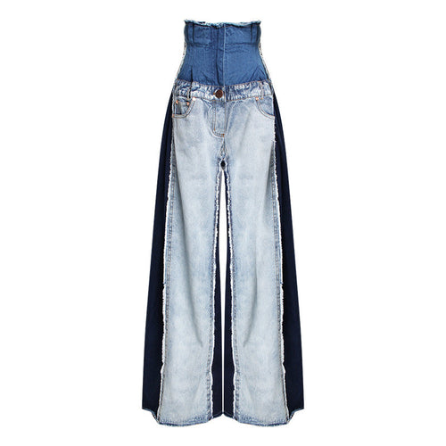 Levoire | Pantalon En Denim Patchwork Décontracté Taille Haute Couleur Tendance