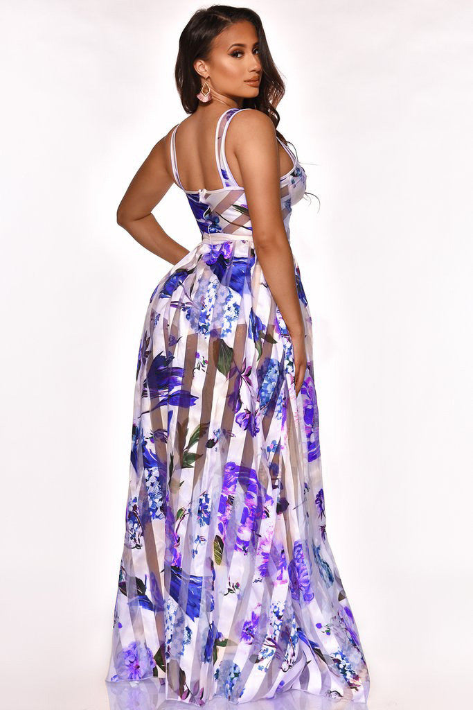Levoire | longue sans bretelles transparente à motif floral