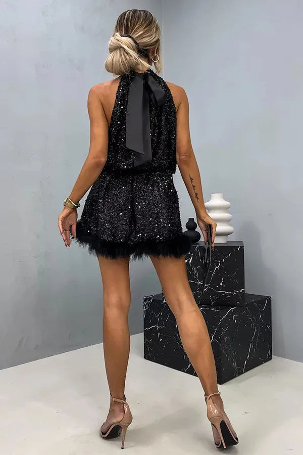 Levoire | Robe de soirée courte en plumes et paillettes