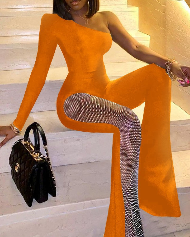 Levoire | pantalon à paillettes à manches longues à une épaule ORANGE
