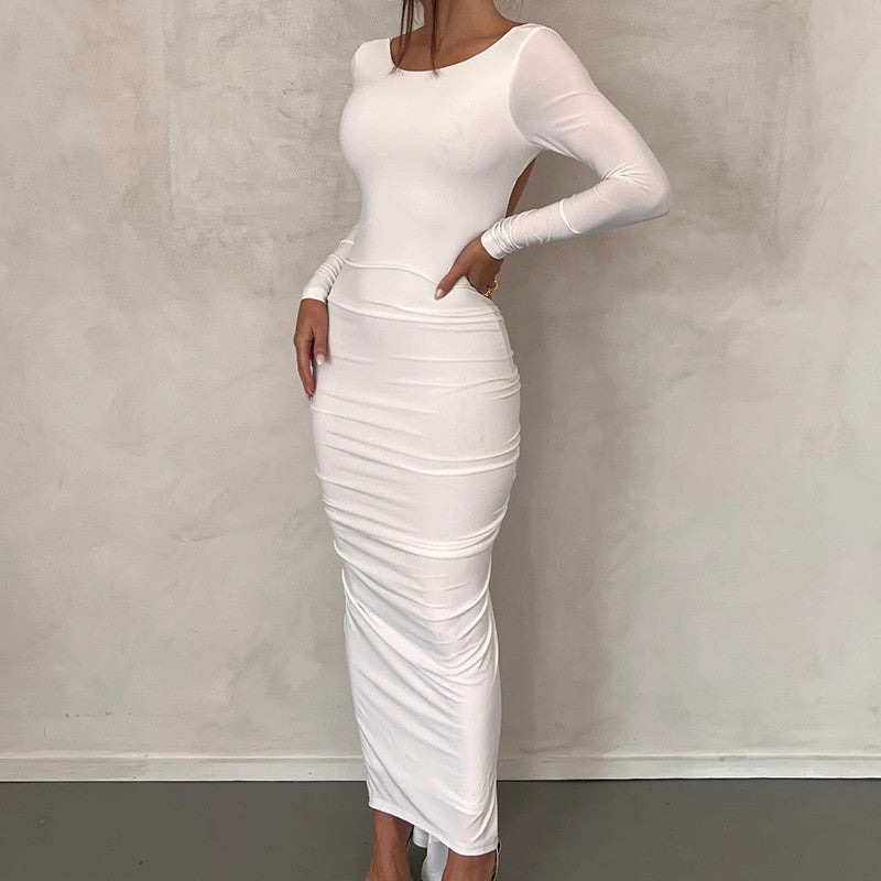 Levoire | robe de soirée à dos ouvert à manches longues taille haute BLANC