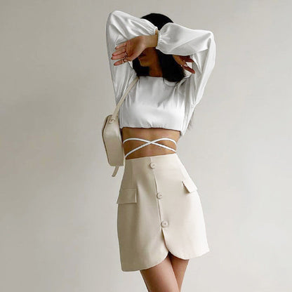 Levoire | satin col rond à manches longues lanternes dos nu