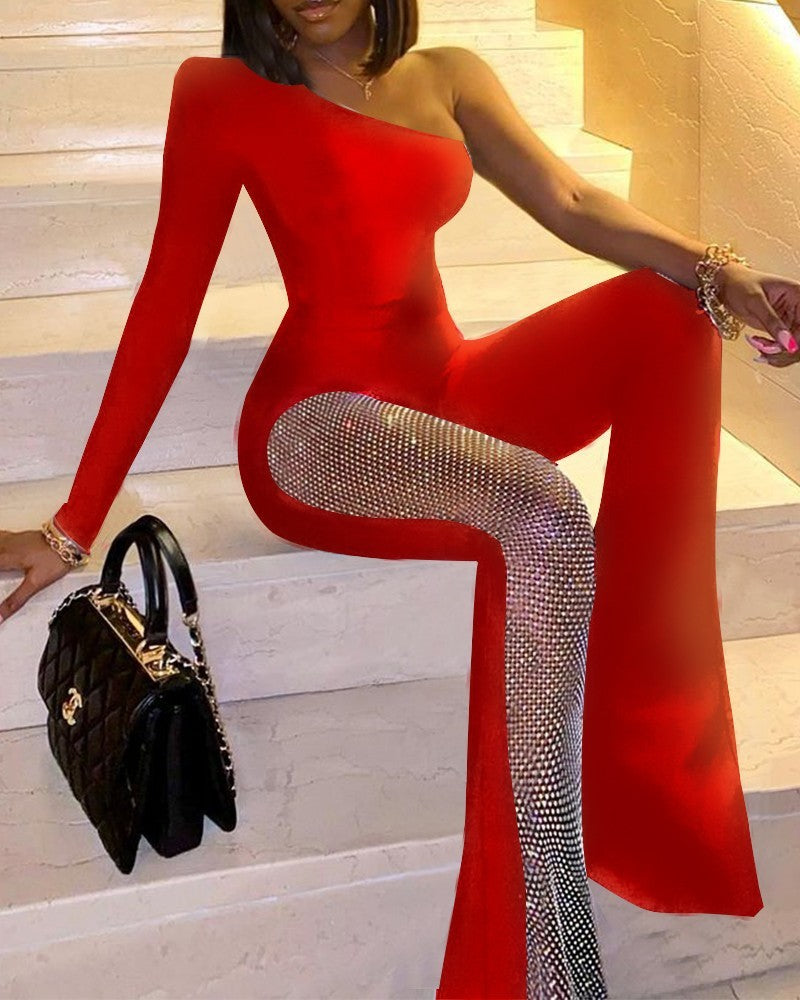 Levoire | pantalon à paillettes à manches longues à une épaule ROUGE