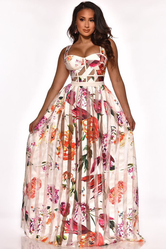 Levoire | longue sans bretelles transparente à motif floral ROUGE