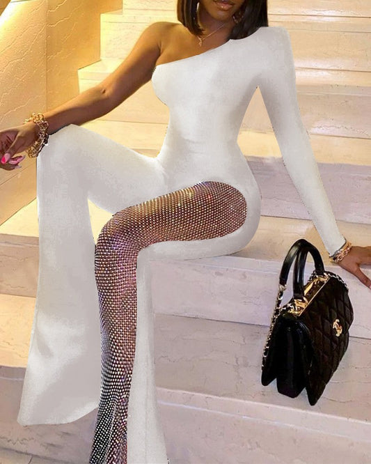 Levoire | pantalon à paillettes à manches longues à une épaule BLANC