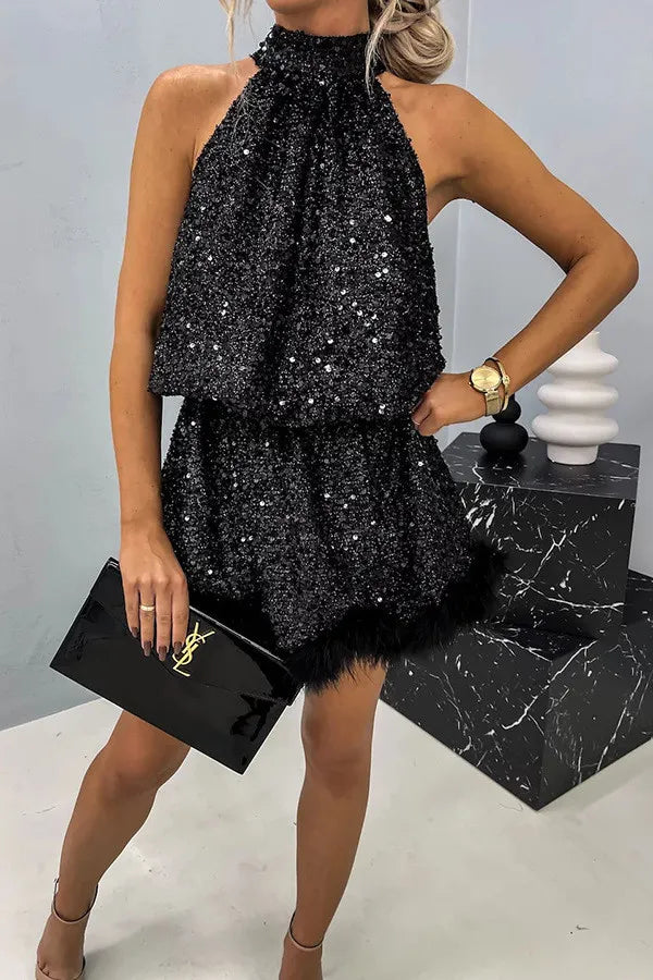 Levoire | Robe de soirée courte en plumes et paillettes