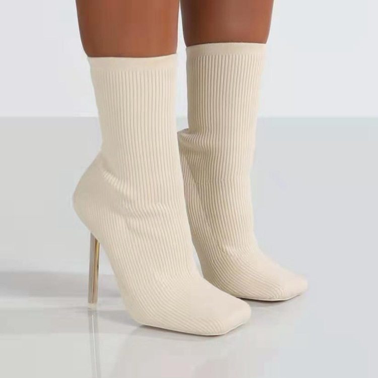Levoire | escarpin stiletto hauteur de cheville bout carré tricoté élastique BEIGE
