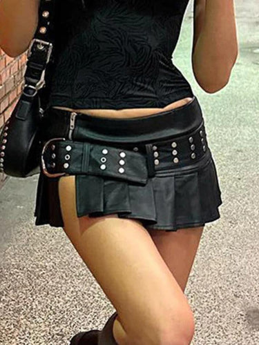 Levoire | Punk Clous Ceinture Plissé Fente Cuir Mini Jupe