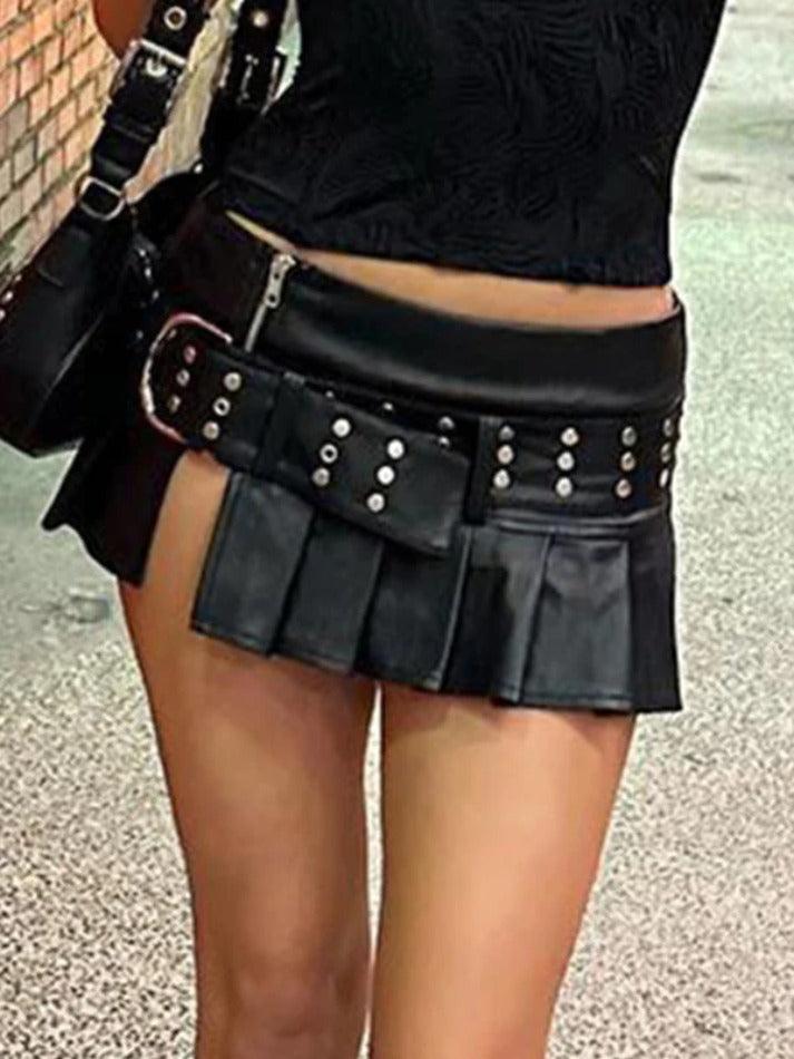Levoire | Punk Clous Ceinture Plissé Fente Cuir Mini Jupe Noir