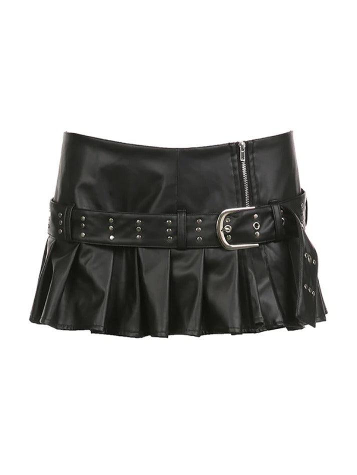 Levoire | Punk Clous Ceinture Plissé Fente Cuir Mini Jupe