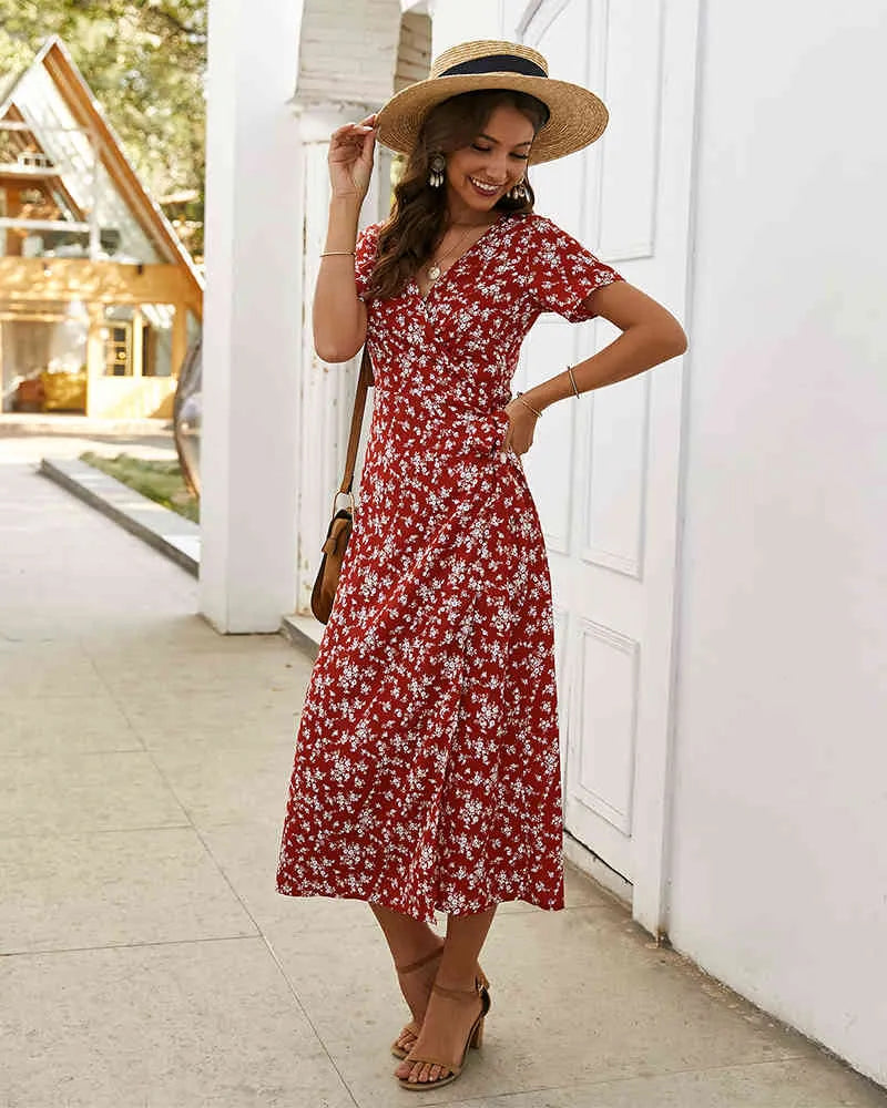 Levoire | Robe Mi-Longue Fleurs Rouges Pour Femmes Amara