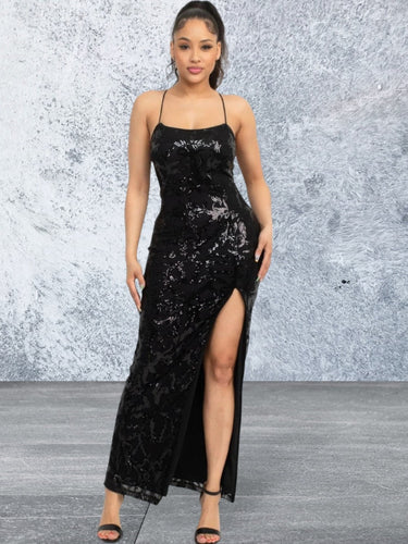 Levoire | Robe Noire À Fente Haute Sans Manches En Sequins