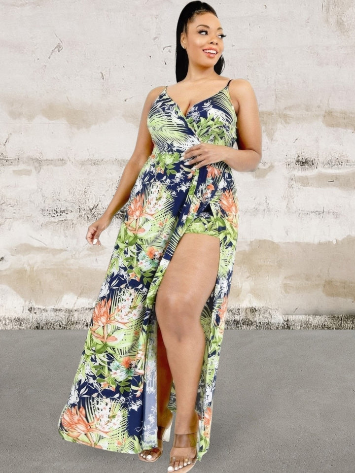 Levoire | Grande Taille Robe Maxi Enveloppe Sans Manches Imprimé Feuille