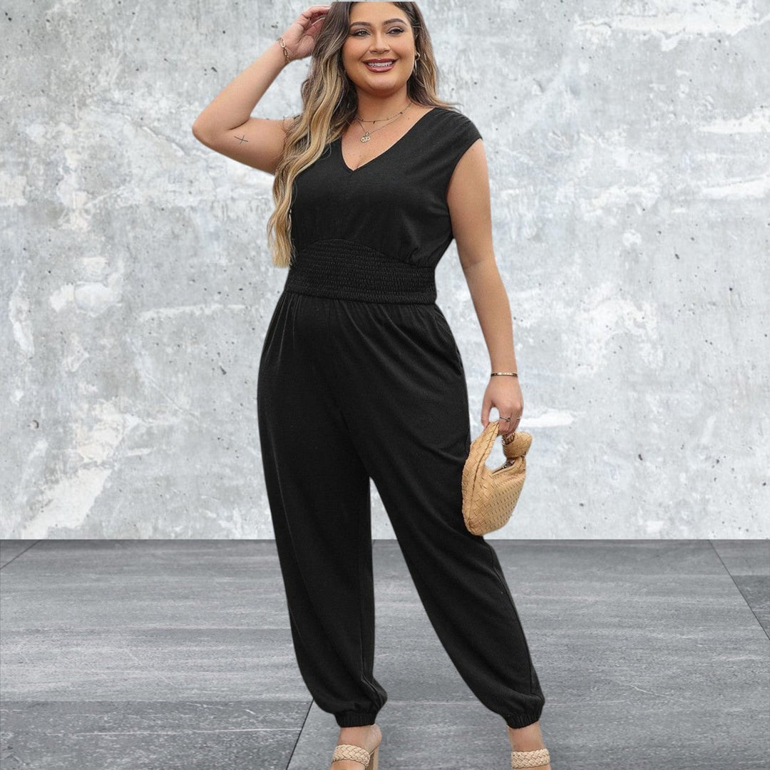 Levoire | Grande Taille Smock Taille Haute Sans Manches Décolleté En V Combinaison Noir