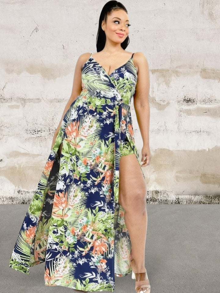 Levoire | Grande Taille Robe Maxi Enveloppe Sans Manches Imprimé Feuille