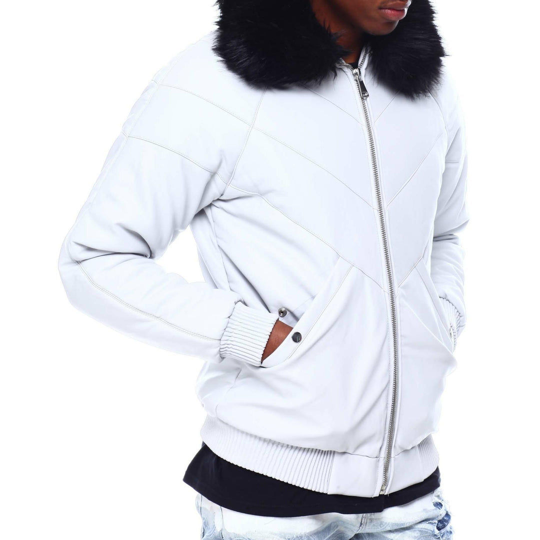 Levoire | Hommes Col En Fourrure Synthétique Amovible Veste En Cuir Pu Blanc L