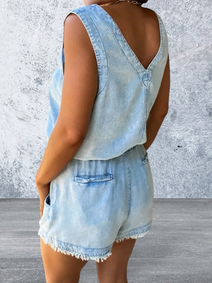 Levoire | Sans Manches À Clous Décolleté En V Combinaison En Denim Avec Cordon De Serrage