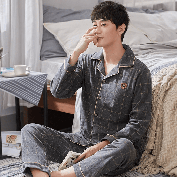 Levoire | Pyjama pour hommes en coton Ensemble Vêtements de détente Respirant Gris à carreaux