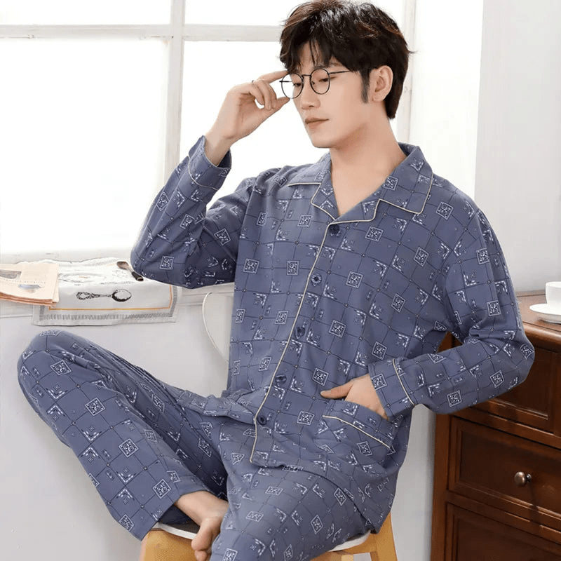 Levoire | Pyjama pour hommes en coton Ensemble Vêtements de détente Respirant Bleu-gris à carreaux