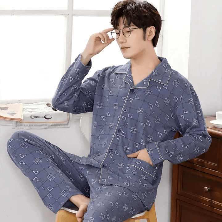 Levoire | Pyjama pour hommes en coton Ensemble Vêtements de détente Respirant Bleu-gris à carreaux