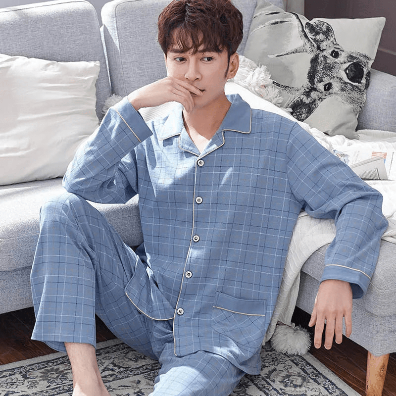 Levoire | Pyjama pour hommes en coton Ensemble Vêtements de détente Respirant Bleu clair