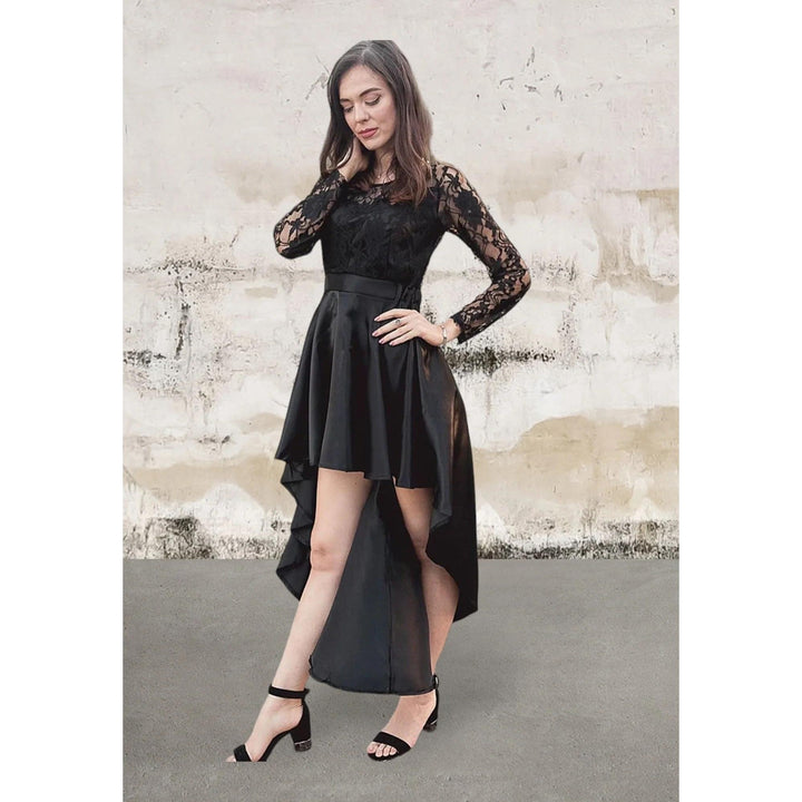 Levoire | Robe En Satin Noire À Manches Longues En Dentelle Haut-Bas M Noir