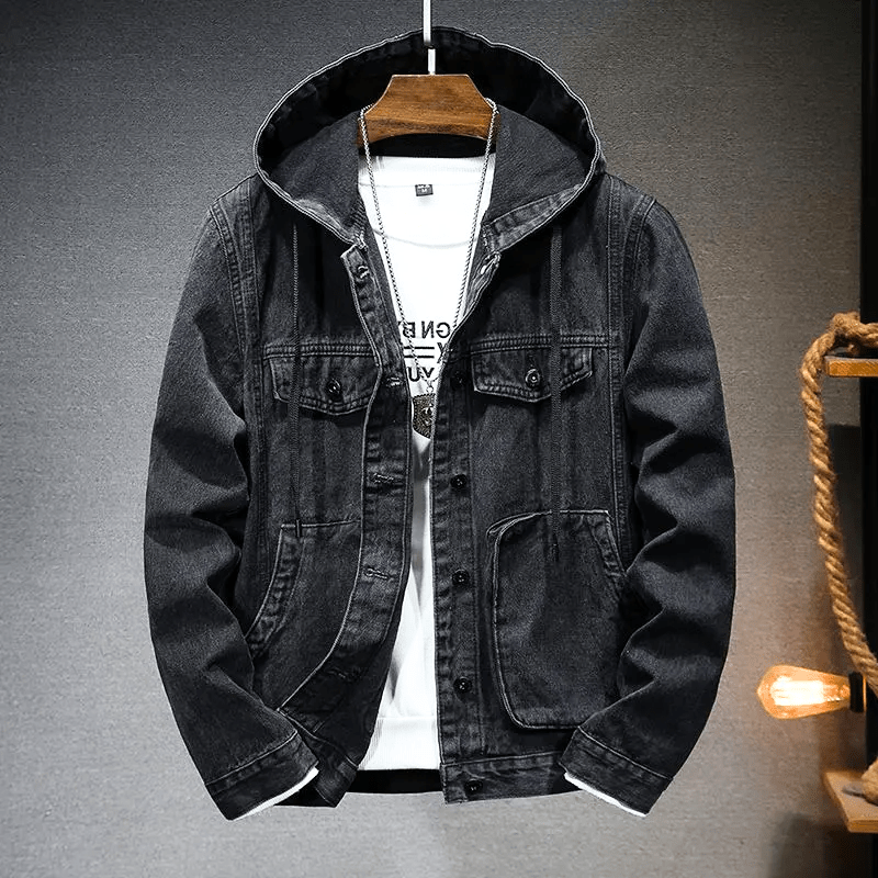Levoire | Veste en denim look vintage avec capuche pour hommes Noir