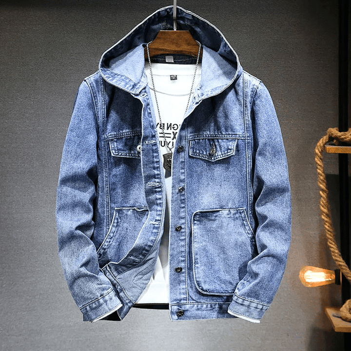 Levoire | Veste en denim look vintage avec capuche pour hommes Bleu