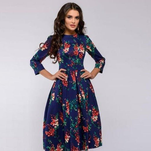 Levoire | Robe Midi Vintage Avec Imprimé Floral Pour Femmes Lilas Bleu