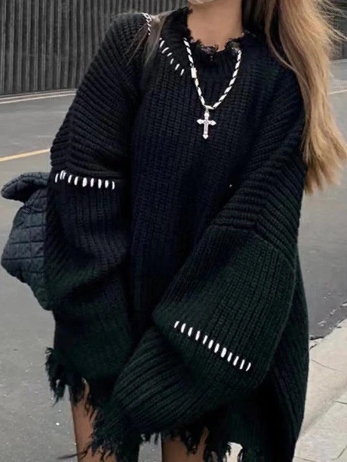 Levoire | Rippig Déchiré Franges Détendu Pull-Over Noir UNE TAILLE