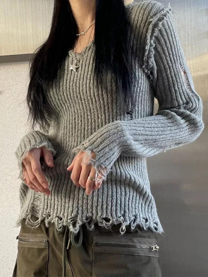 Levoire | Pull À Encolure En V Déchiqueté À Côtes Gris