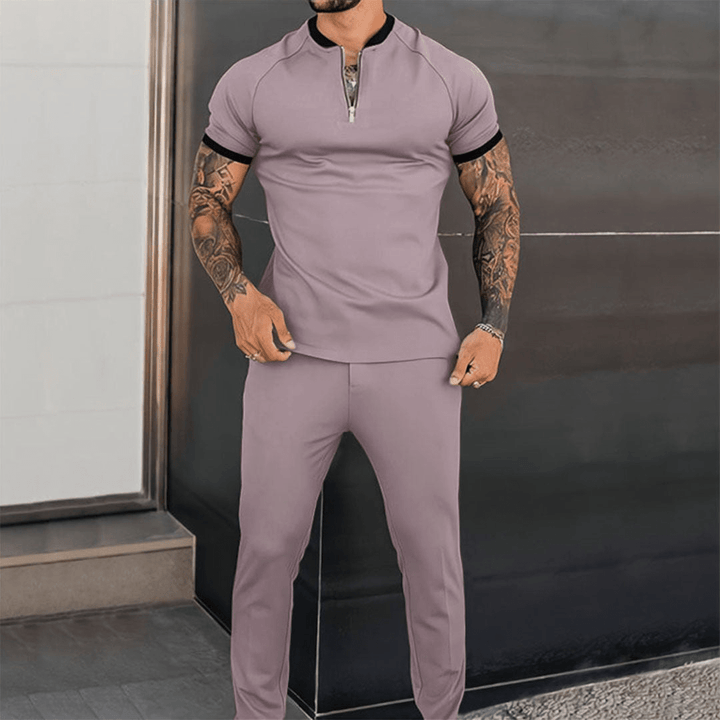 Levoire | Chemise à demi-zip décontractée ajustée pour hommes et pantalon confortable printemps/été Gris tissu