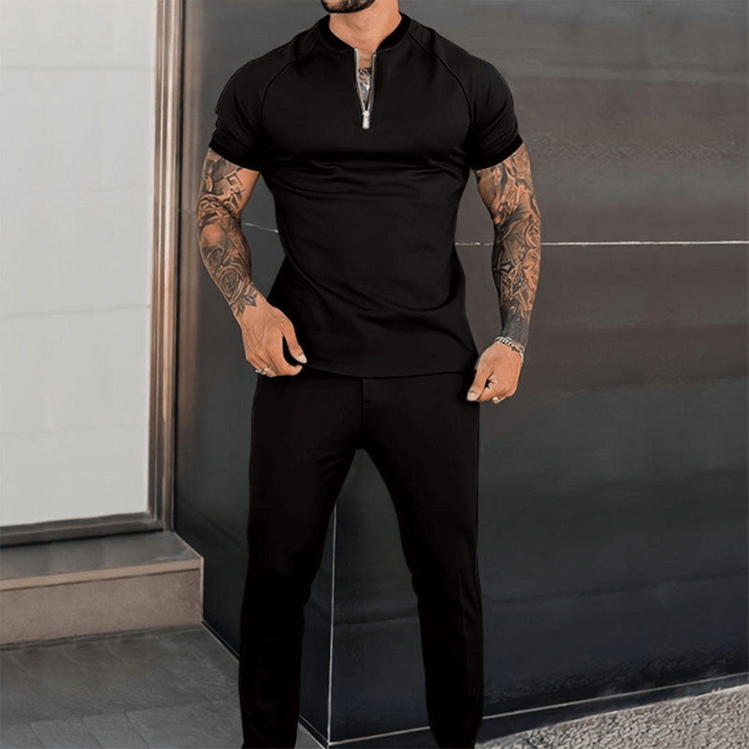 Levoire | Chemise à demi-zip décontractée ajustée pour hommes et pantalon confortable printemps/été Noir