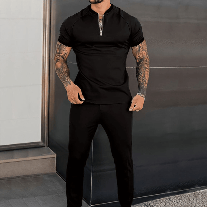 Levoire | Chemise à demi-zip décontractée ajustée pour hommes et pantalon confortable printemps/été Noir