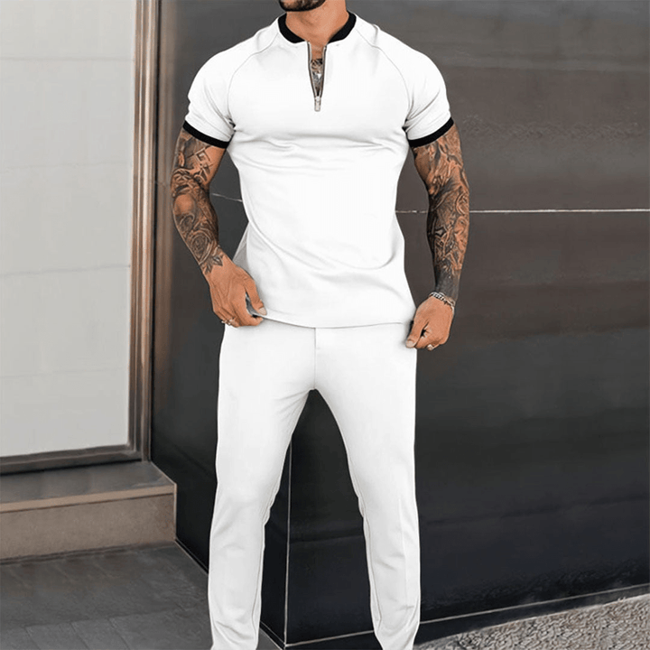 Levoire | Chemise à demi-zip décontractée ajustée pour hommes et pantalon confortable printemps/été Blanc