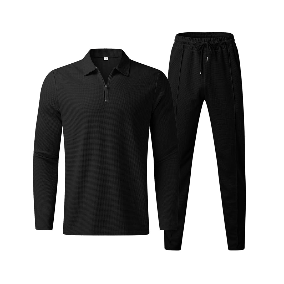Levoire | Pantalon élastique décontracté pour homme avec polo à demi-zip élégant taille printemps/été Noir