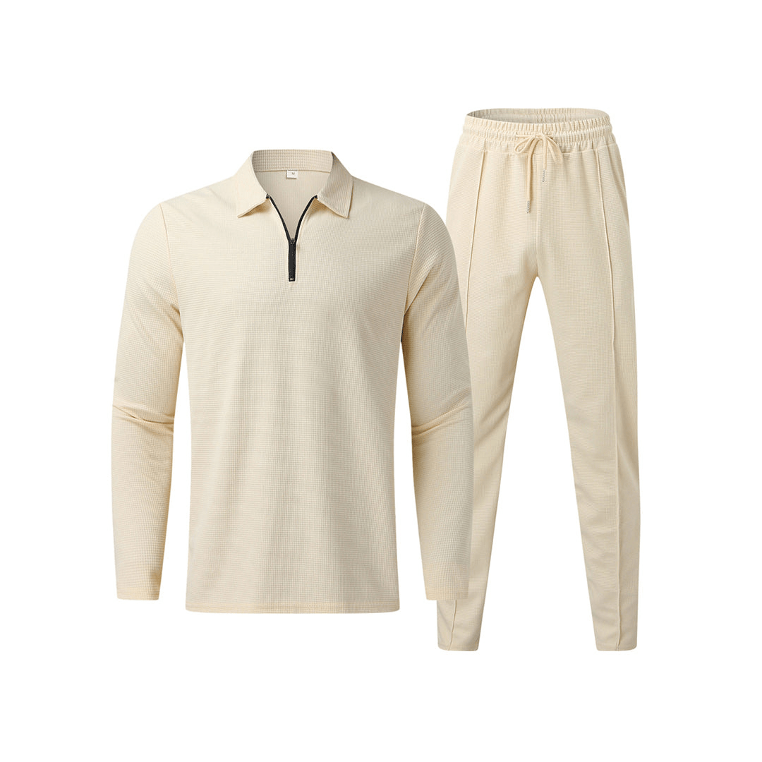 Levoire | Pantalon élastique décontracté pour homme avec polo à demi-zip élégant taille printemps/été Beige
