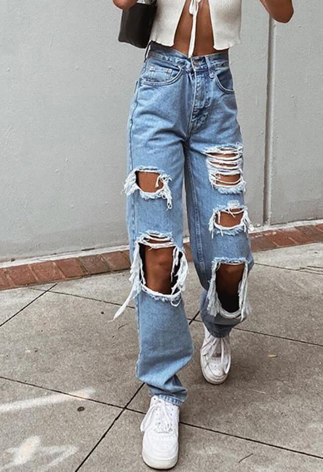 Levoire | Jeans Boyfriend Taille Haute Déchirés Bleu
