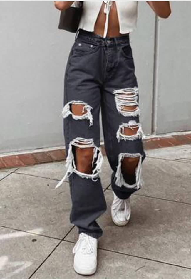Levoire | Jeans Boyfriend Taille Haute Déchirés Noir