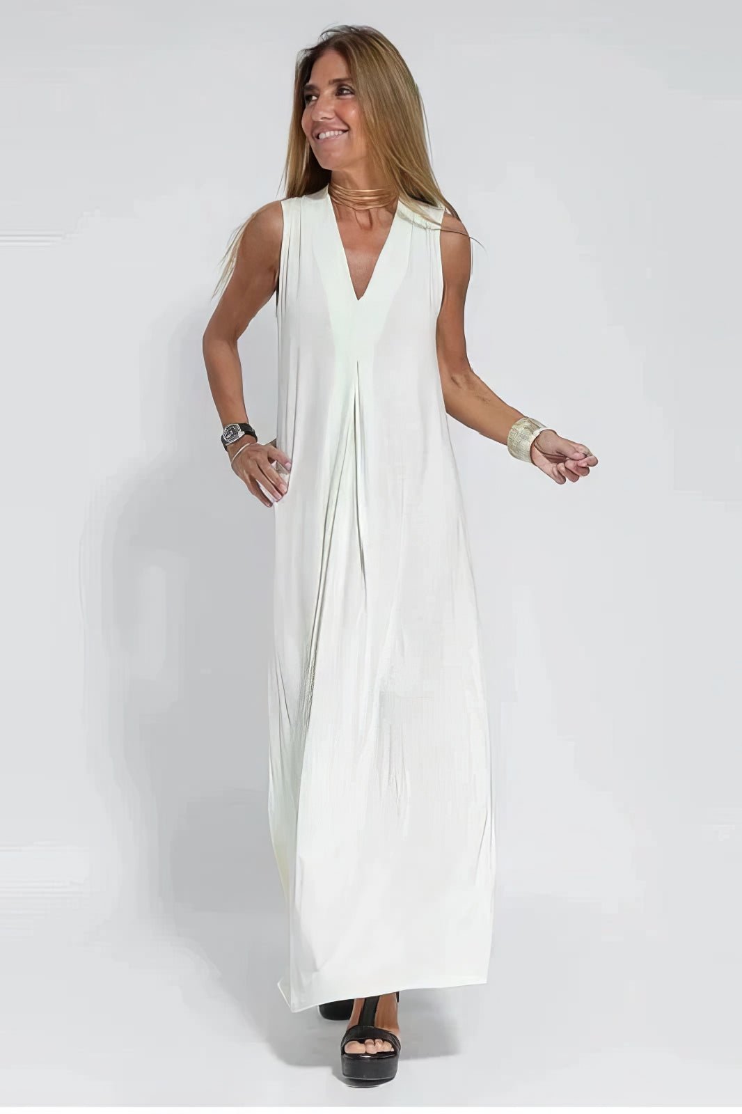 Levoire | Robe Sans Manches À Décolleté Long Avec Cardigan Assorti Style Élégant Décontracté Blanc