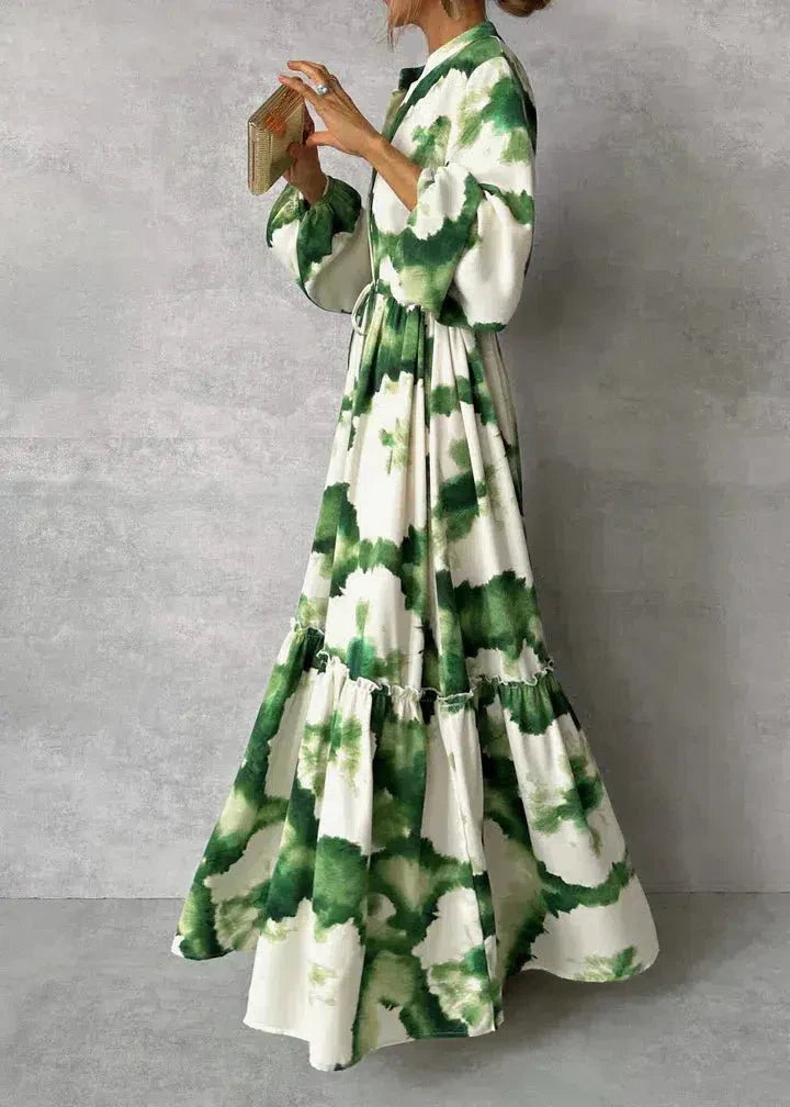 Levoire | Robe Maxi Femme Manches Longues Décolleté Élégant Et Flottant Design Vert
