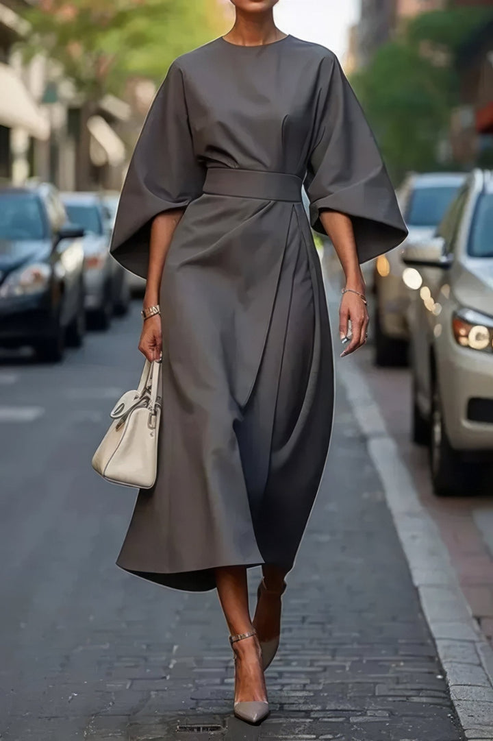 Levoire | Robe Midi Avec Manches Bouffantes Pour Femmes Gris