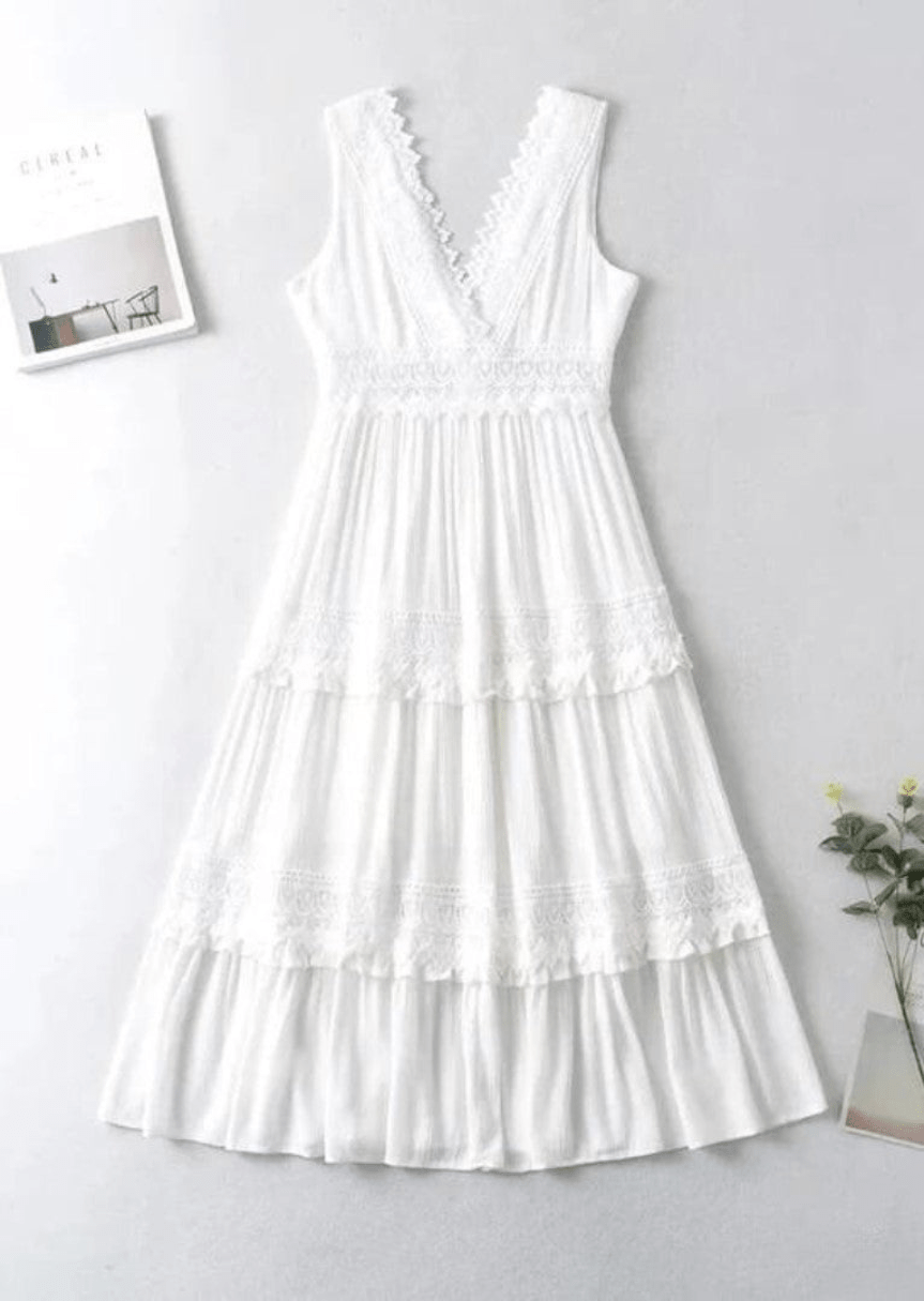 Levoire | Robe Maxi Élégante pour Femmes Avec Décolleté V en Dentelle Robe Blanche Blanc