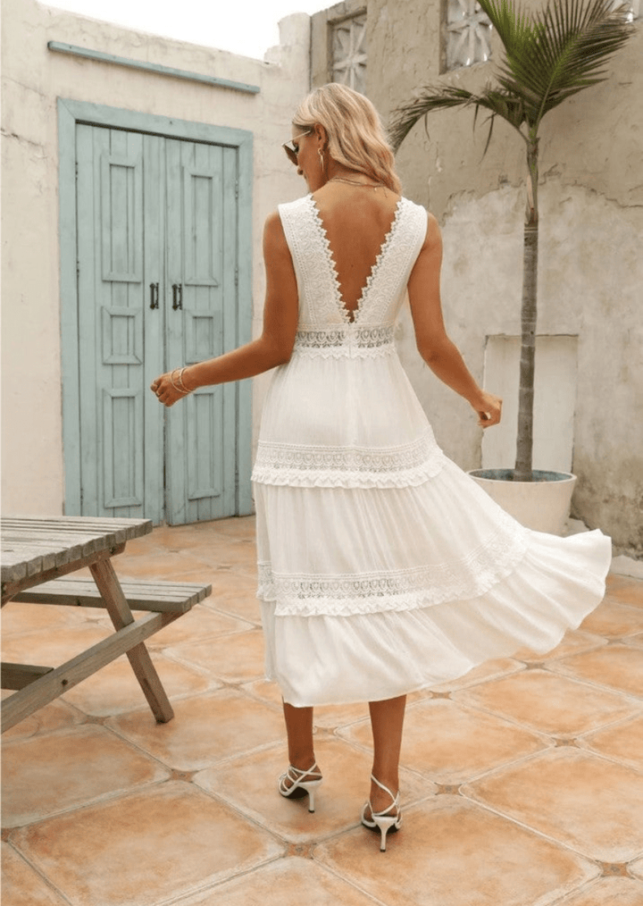 Levoire | Robe Maxi Élégante pour Femmes Avec Décolleté V en Dentelle Robe Blanche