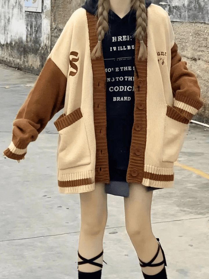 Levoire | Sweatshirt Femme Cardigan Brodé À Bloc De Couleurs Avec Épaules Baisées Tendance Et Confortable