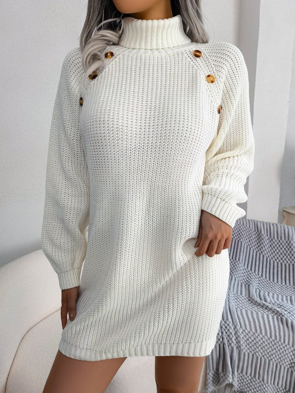 Levoire | Pull Roulant Long Confortable Avec Boutons Blanc