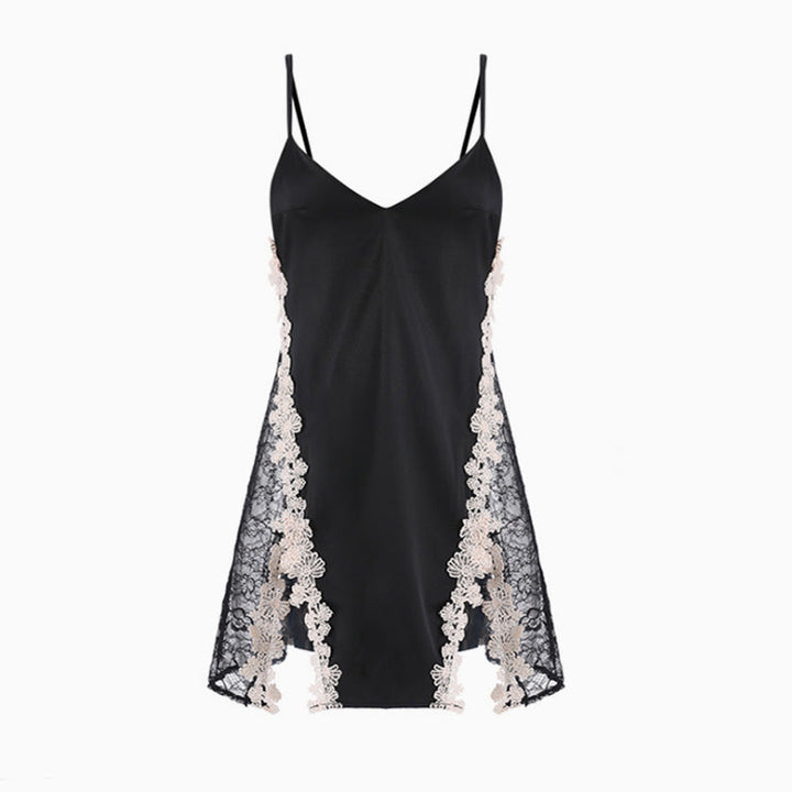 Levoire | Robe Nuisette En Satin À Bretelles Spaghetti Et Fleurs En Dentelle Sexy Dos Nu
